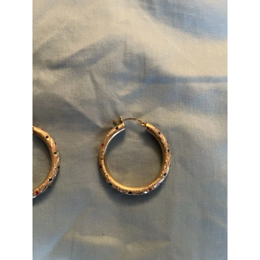 14K YELLOW GOLD MULTI-COLOR DROP  EARRINGS RED GREEN BLUE  HOOP LOOP 6.2G GRAM
